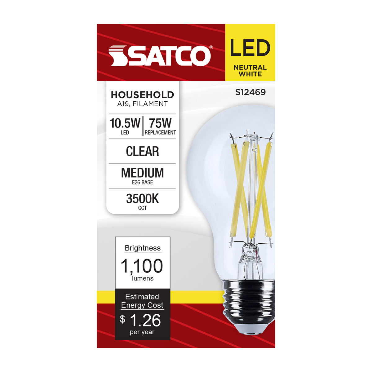 Satco S12469 10.5W A19 Neutral White LED Light Bulb Medium Base