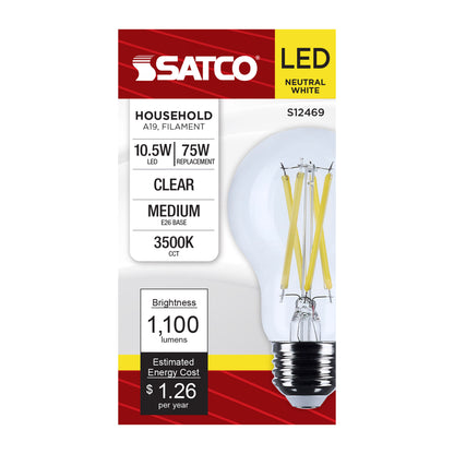 Satco S12469 10.5W A19 Neutral White LED Light Bulb Medium Base