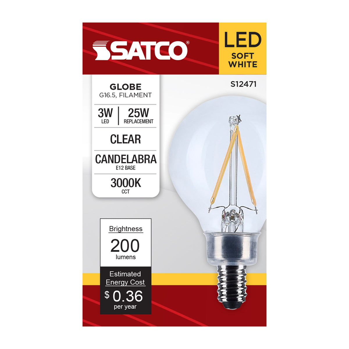 Satco S12471 3W G16.5 Soft White LED Light Bulb Candelabra Base