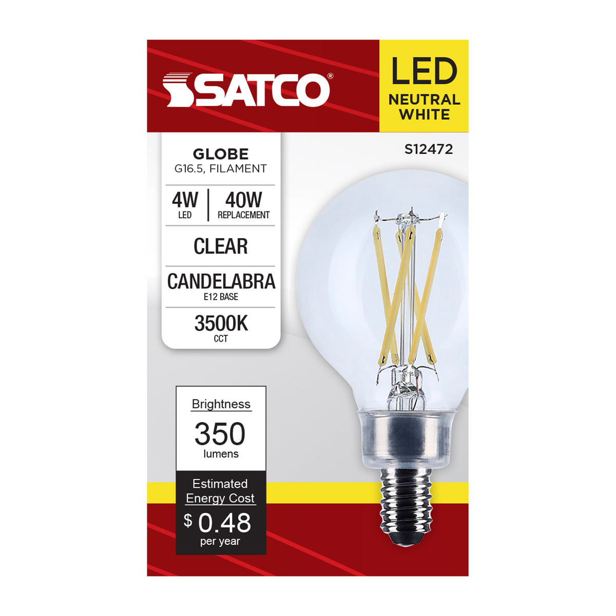 Satco S12472 4W G16.5 Neutral White LED Light Bulb Candelabra Base
