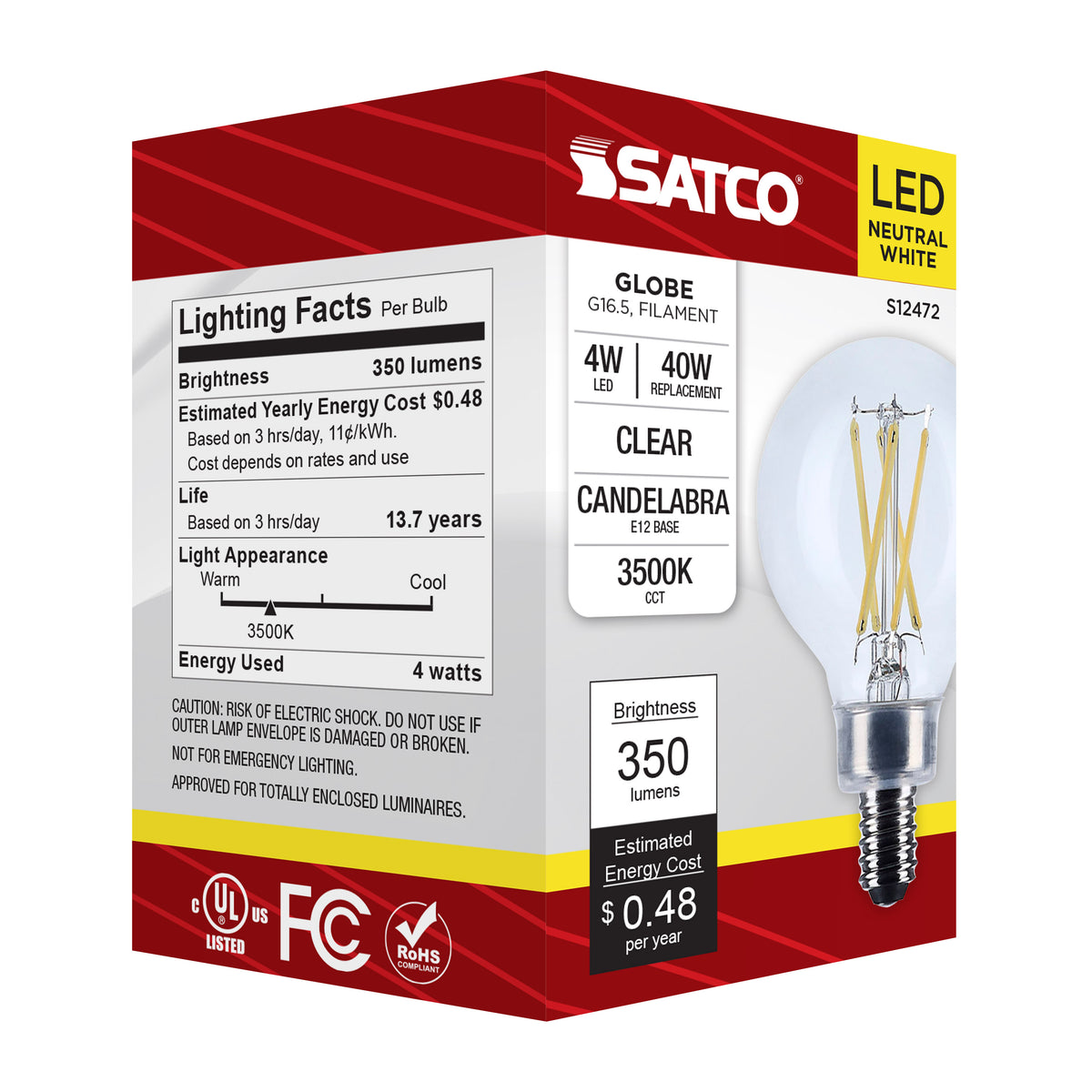 Satco S12472 4W G16.5 Neutral White LED Light Bulb Candelabra Base