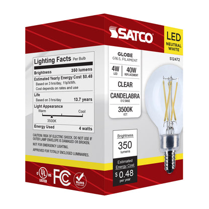 Satco S12472 4W G16.5 Neutral White LED Light Bulb Candelabra Base