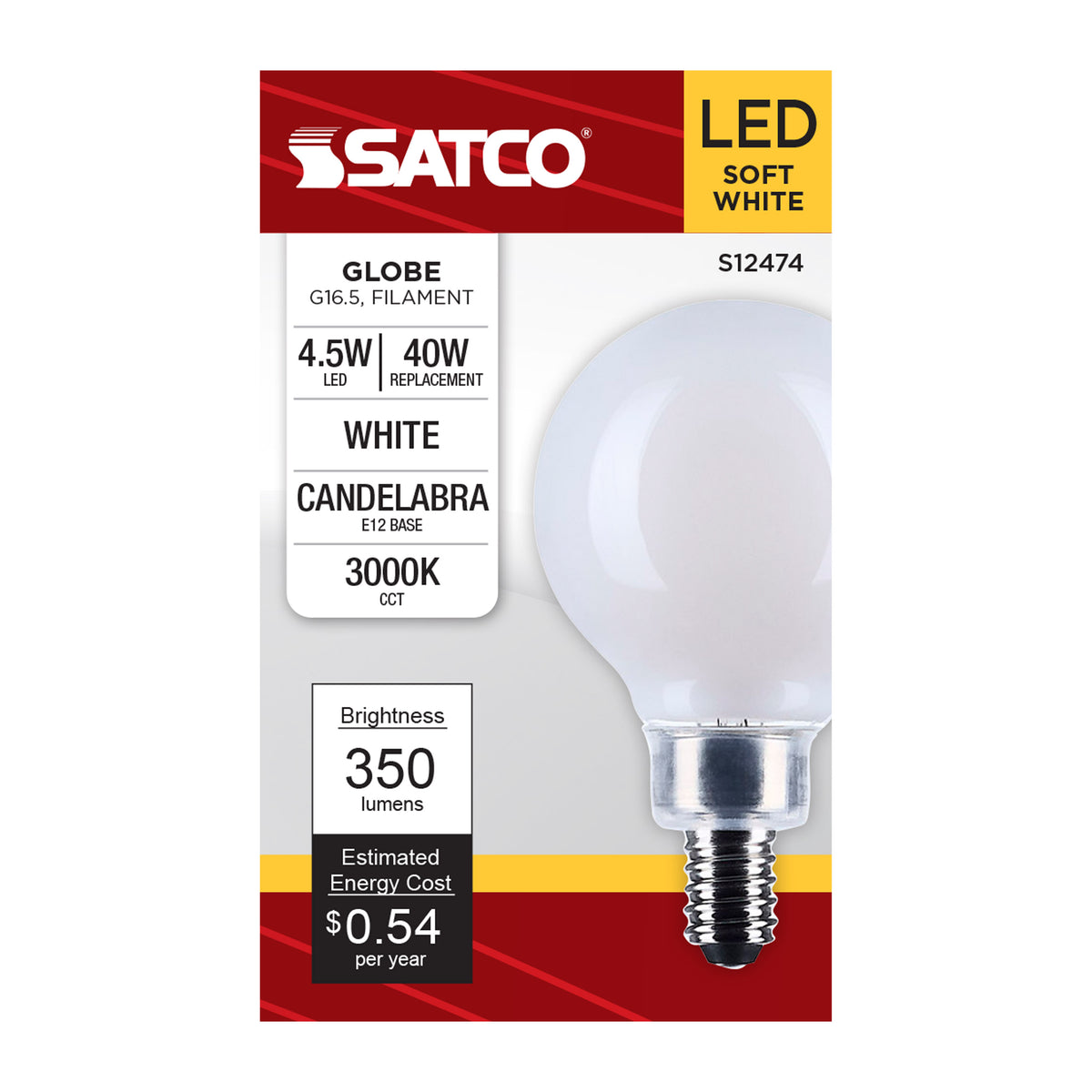 Satco S12474 4.5W G16.5 Soft White LED Light Bulb Candelabra Base