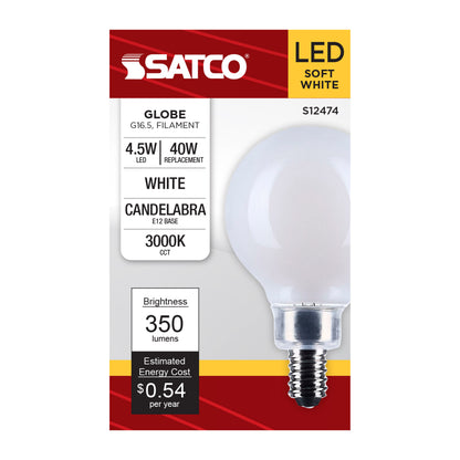 Satco S12474 4.5W G16.5 Soft White LED Light Bulb Candelabra Base