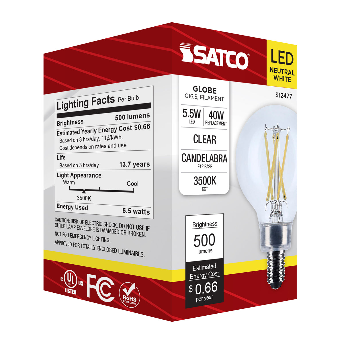Satco S12477 5.5W G16.5 Neutral White LED Light Bulb Candelabra Base