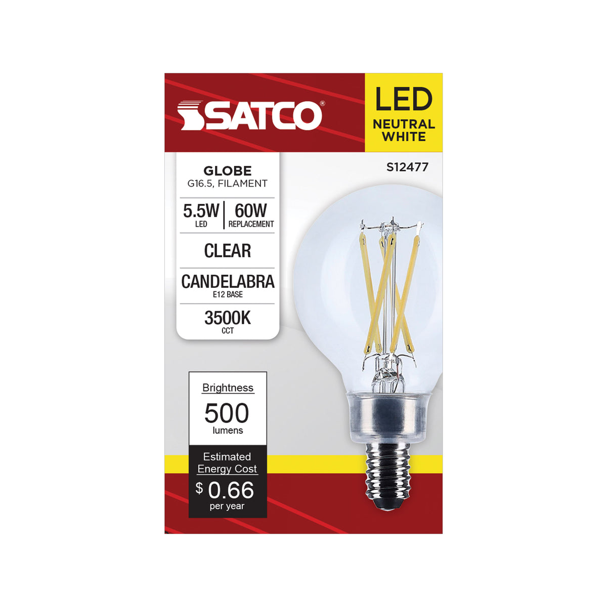 Satco S12477 5.5W G16.5 Neutral White LED Light Bulb Candelabra Base