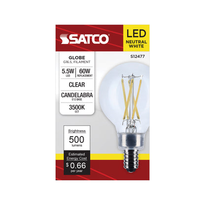 Satco S12477 5.5W G16.5 Neutral White LED Light Bulb Candelabra Base