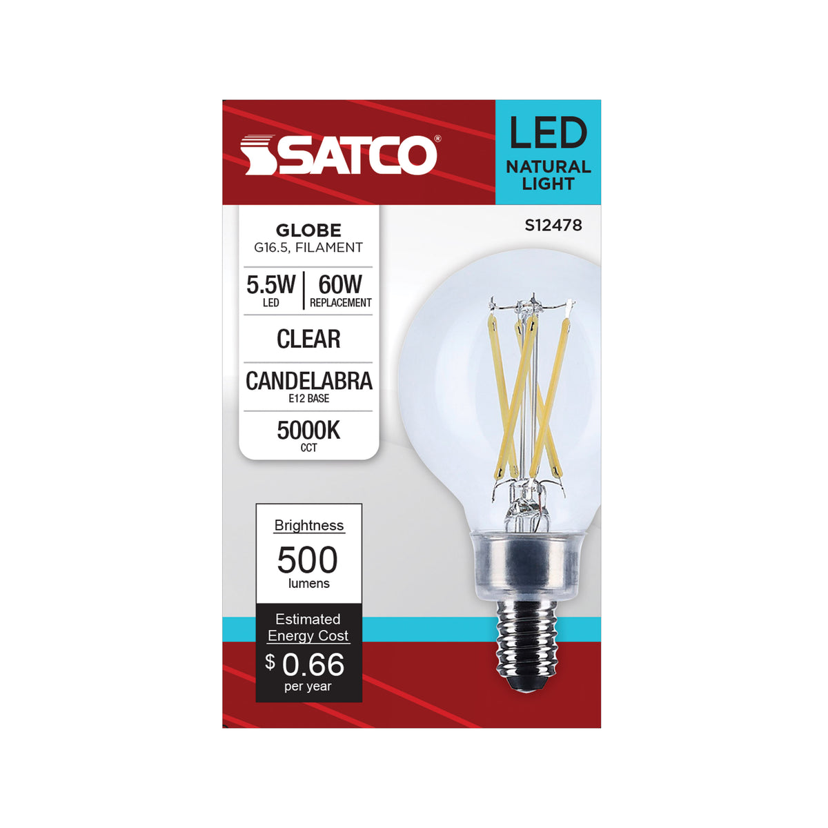 Satco S12478 5.5W G16.5 Natural Light LED Light Bulb Candelabra Base