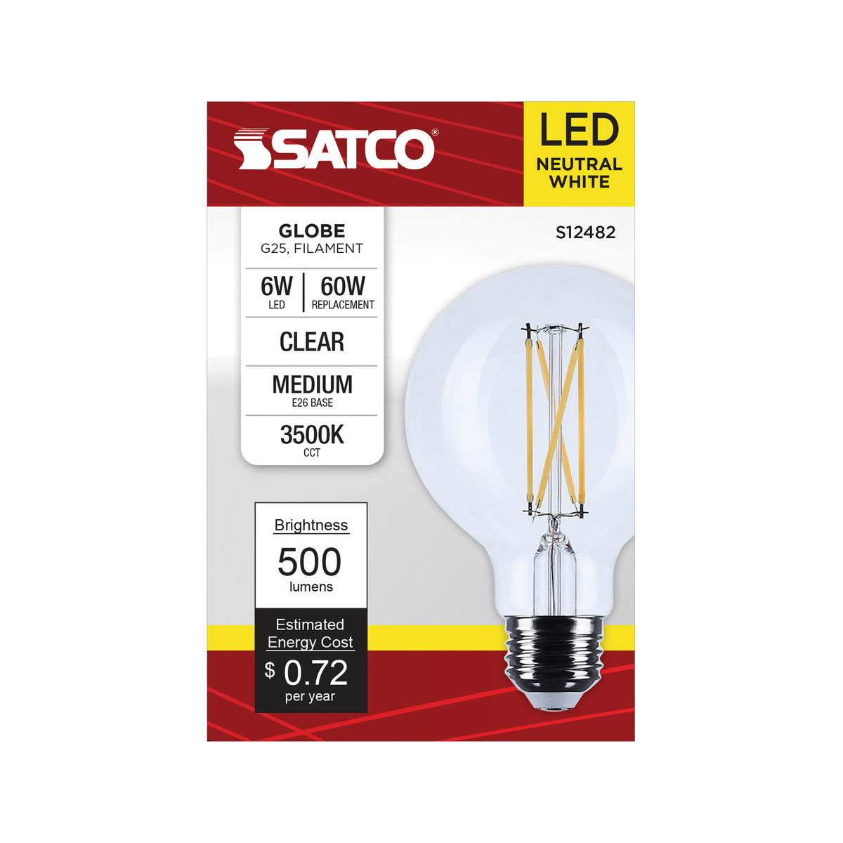 Satco S12482 6W G25 Neutral White LED Light Bulb Medium Base