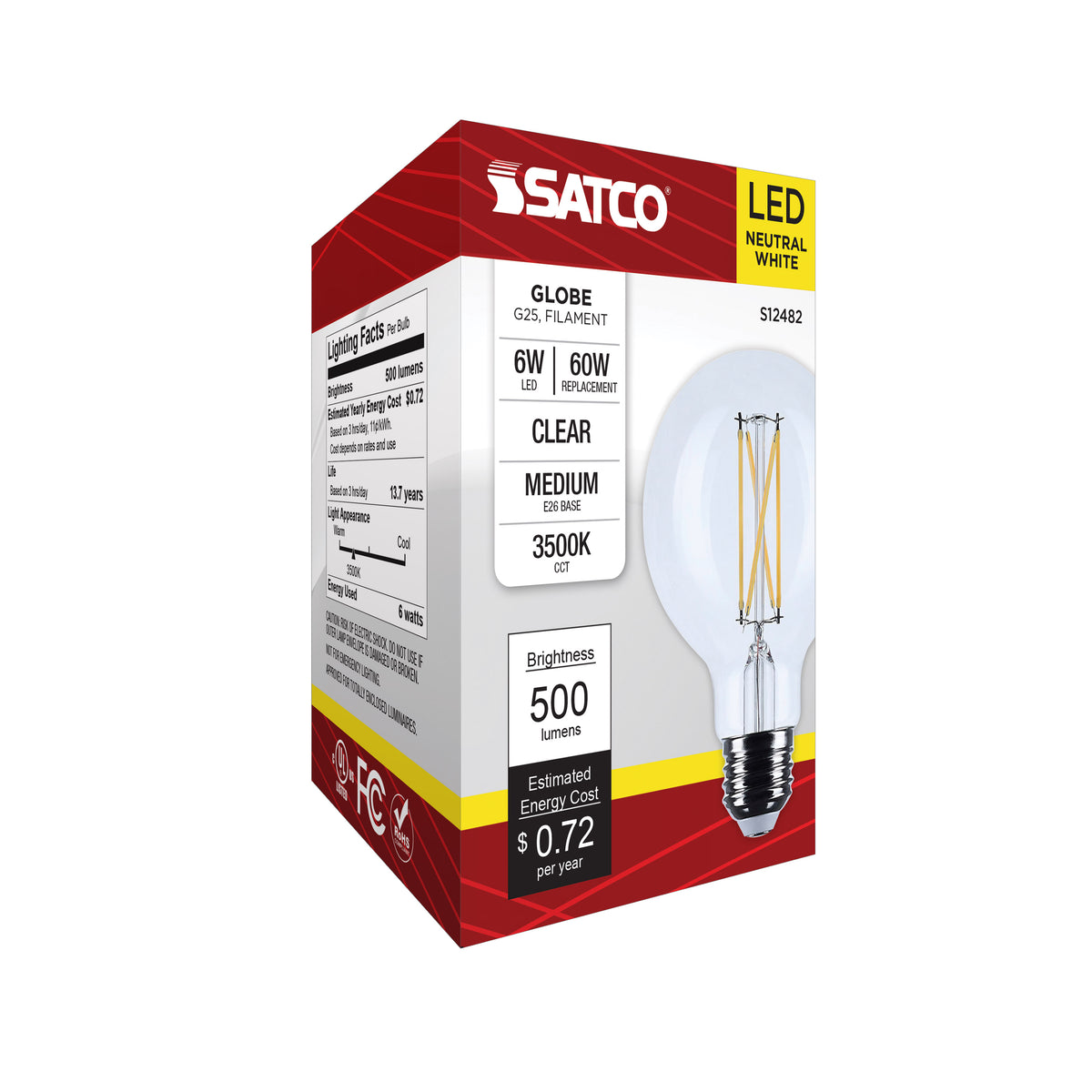 Satco S12482 6W G25 Neutral White LED Light Bulb Medium Base