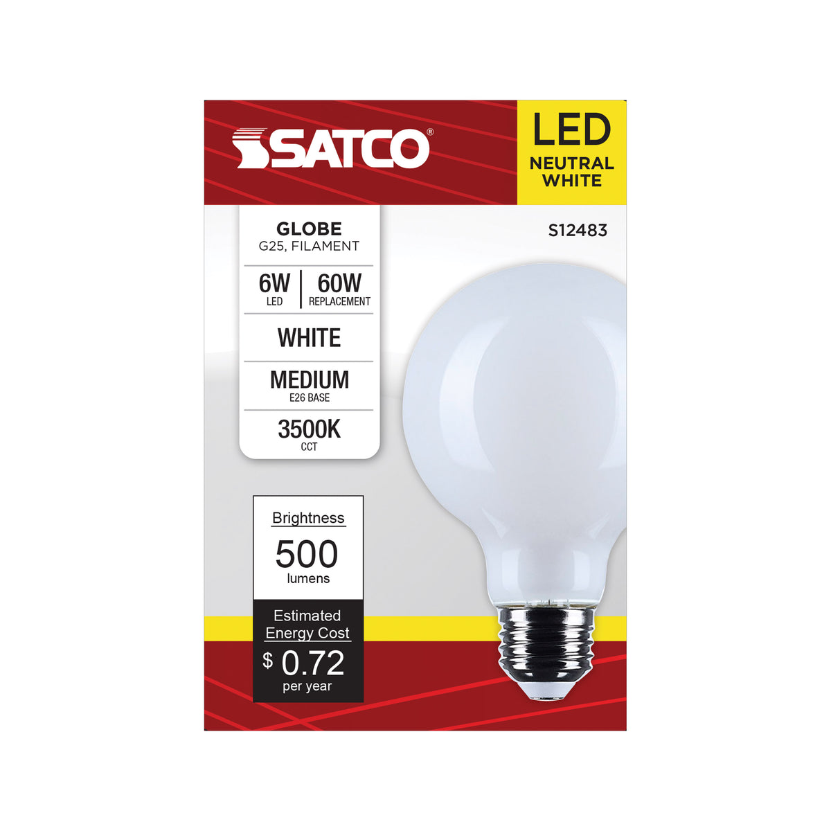 Satco S12483 6W G25 Neutral White LED Light Bulb Medium Base