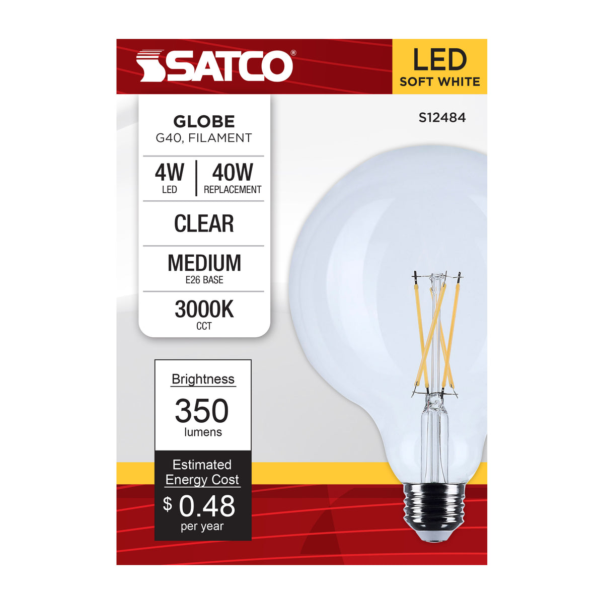 Satco S12484 4W G40 Soft White LED Light Bulb Medium Base