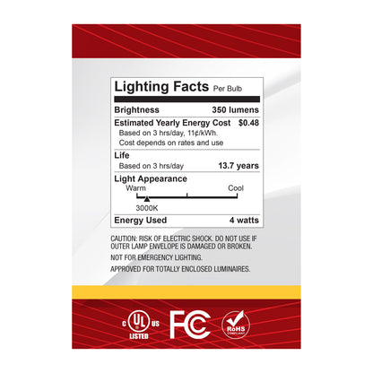Satco S12484 4W G40 Soft White LED Light Bulb Medium Base