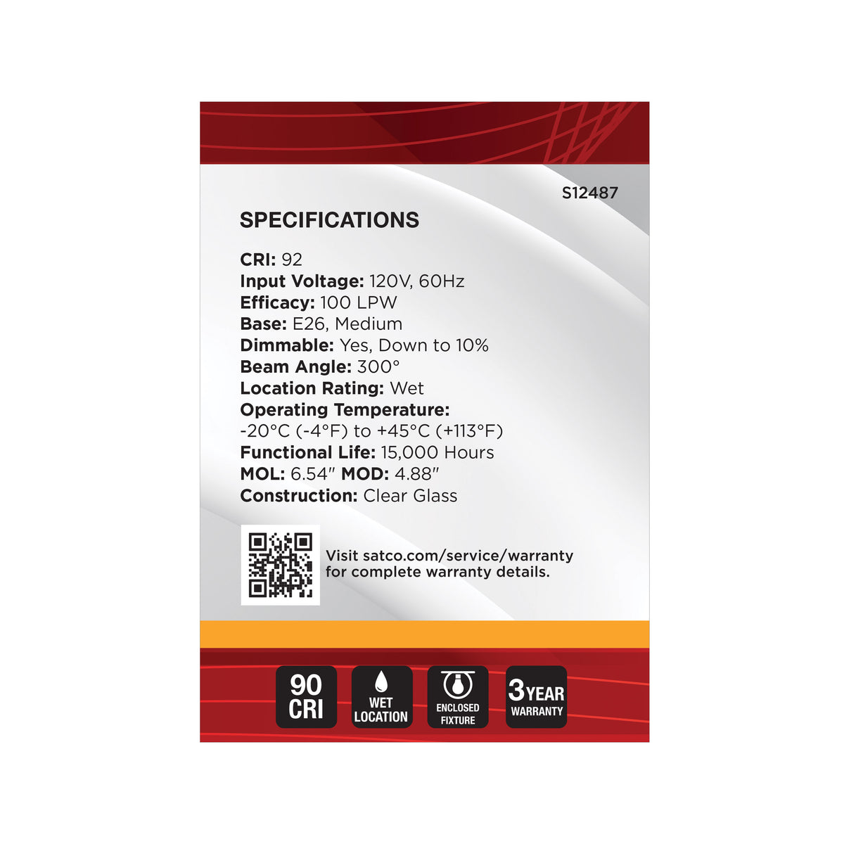 Satco S12487 8W G40 Warm White LED Light Bulb Medium Base
