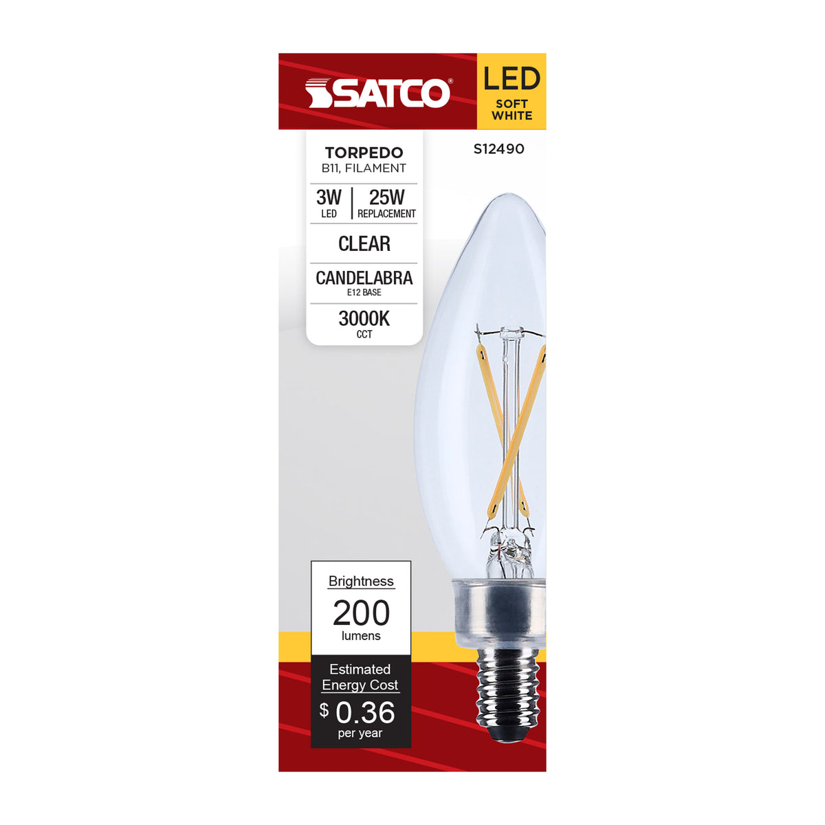 Satco S12490 3W B11 Soft White LED Light Bulb Candelabra Base