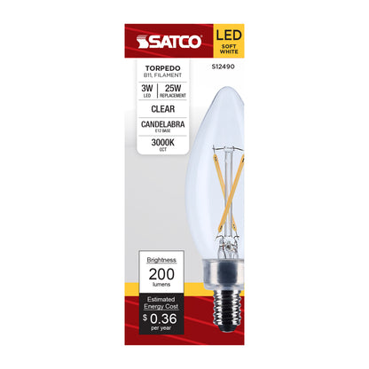 Satco S12490 3W B11 Soft White LED Light Bulb Candelabra Base