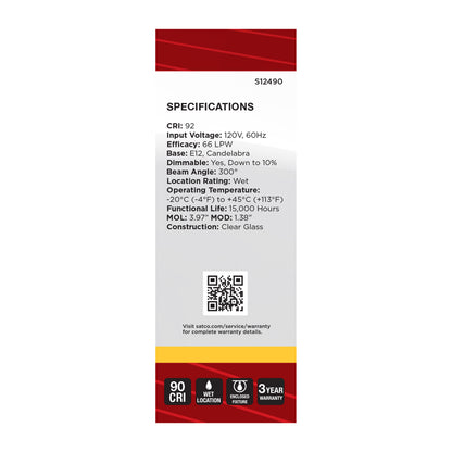 Satco S12490 3W B11 Soft White LED Light Bulb Candelabra Base