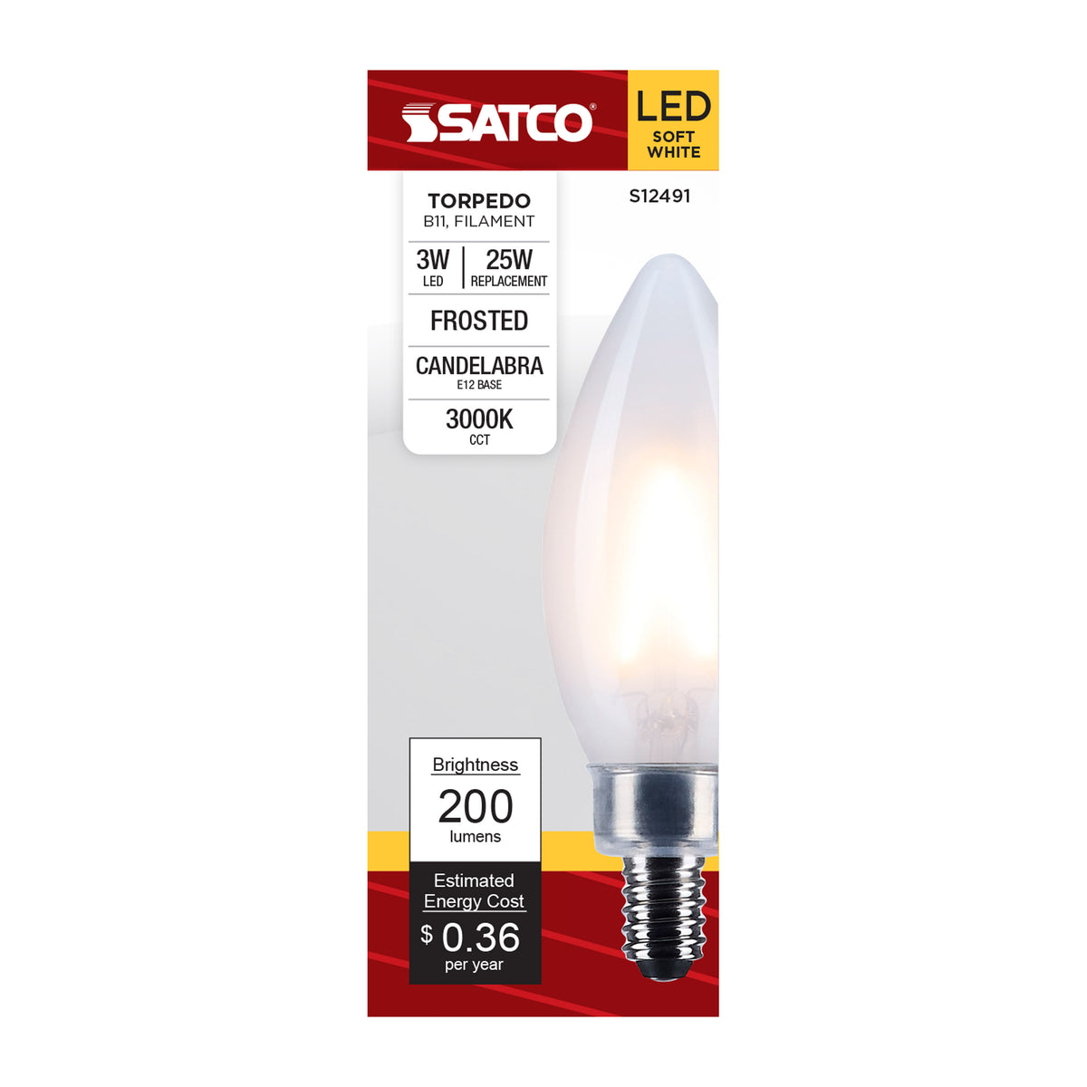 Satco S12491 3W B11 Soft White LED Light Bulb Candelabra Base