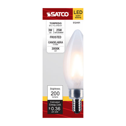 Satco S12491 3W B11 Soft White LED Light Bulb Candelabra Base