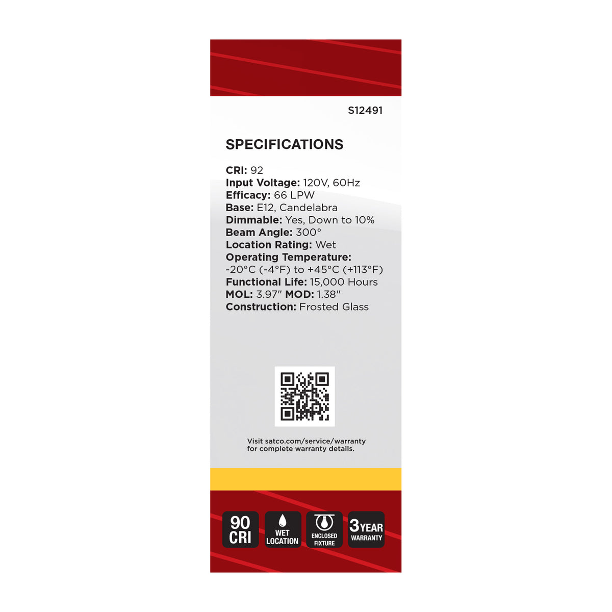 Satco S12491 3W B11 Soft White LED Light Bulb Candelabra Base