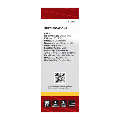 Satco S12491 3W B11 Soft White LED Light Bulb Candelabra Base