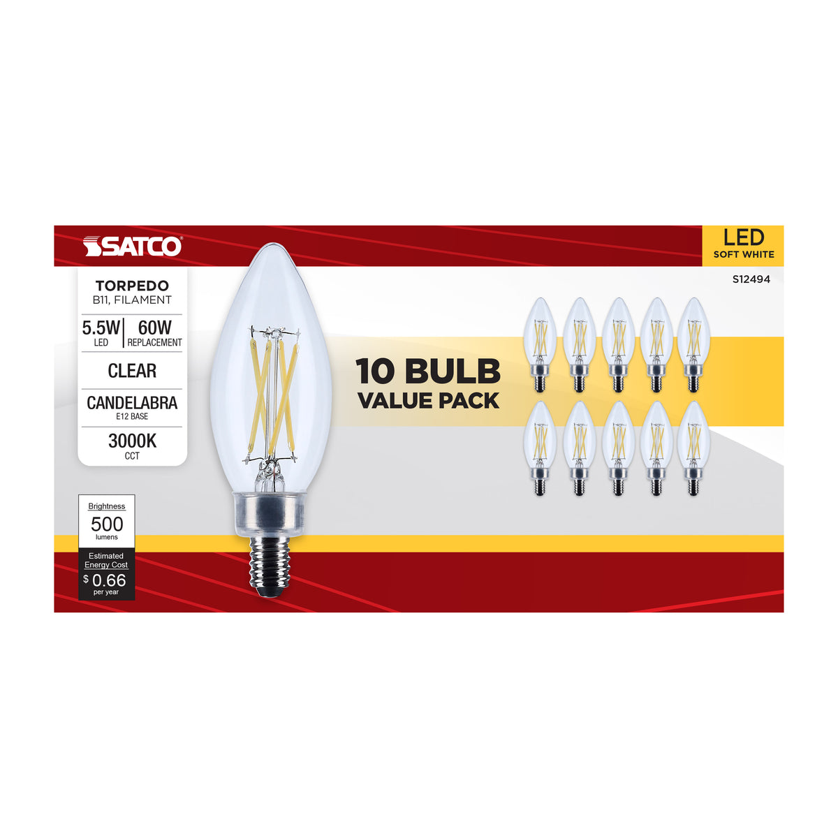 Satco S12494 5.5W B11 Soft White LED Light Bulb Candelabra Base