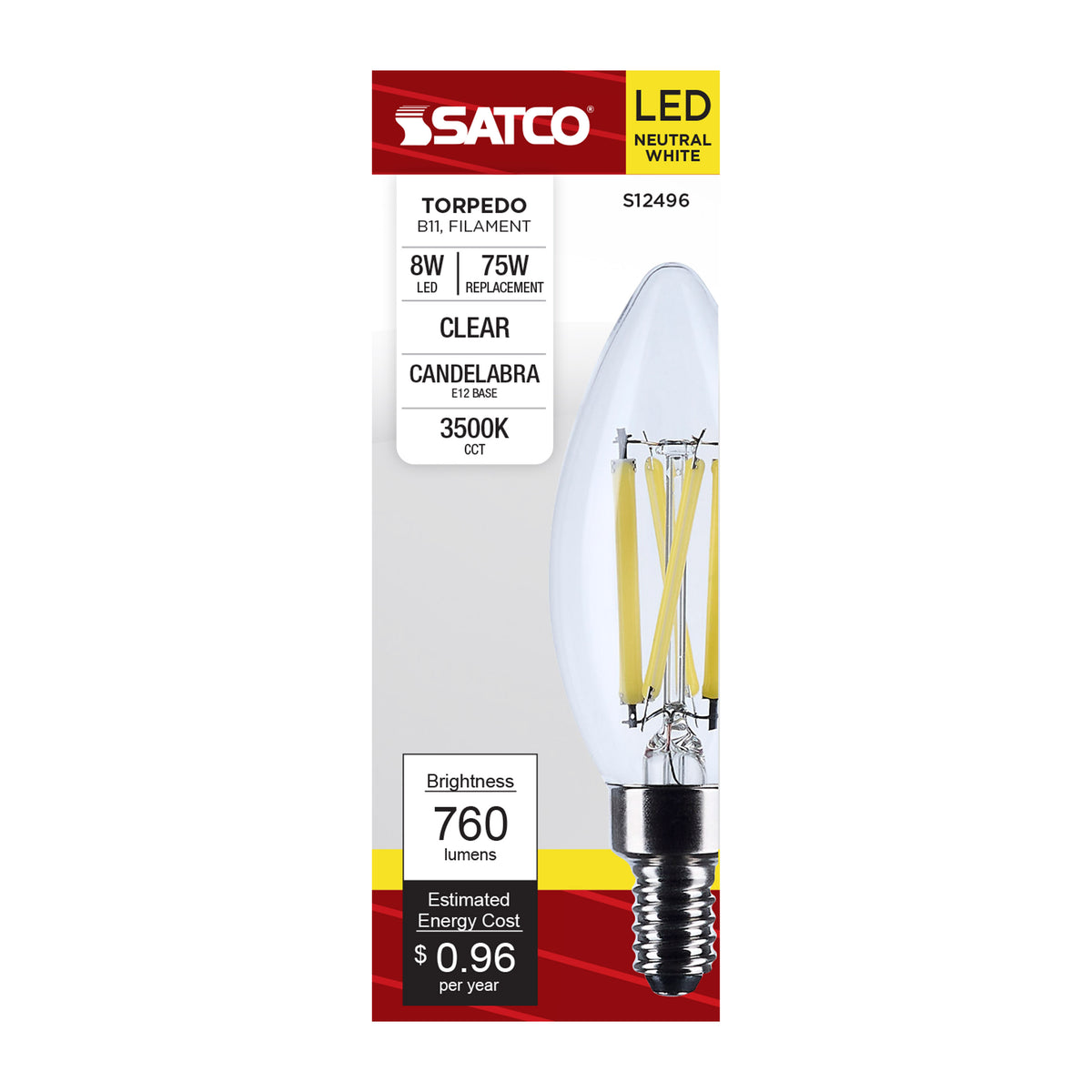 Satco S12496 8W B11 Neutral White LED Light Bulb Candelabra Base