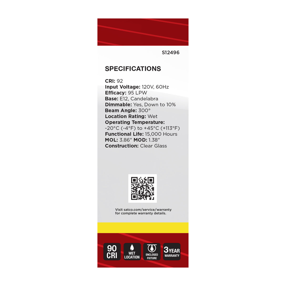 Satco S12496 8W B11 Neutral White LED Light Bulb Candelabra Base