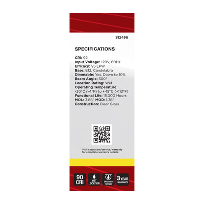 Satco S12496 8W B11 Neutral White LED Light Bulb Candelabra Base