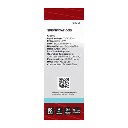 Satco S12497 8W B11 Cool White LED Light Bulb Candelabra Base