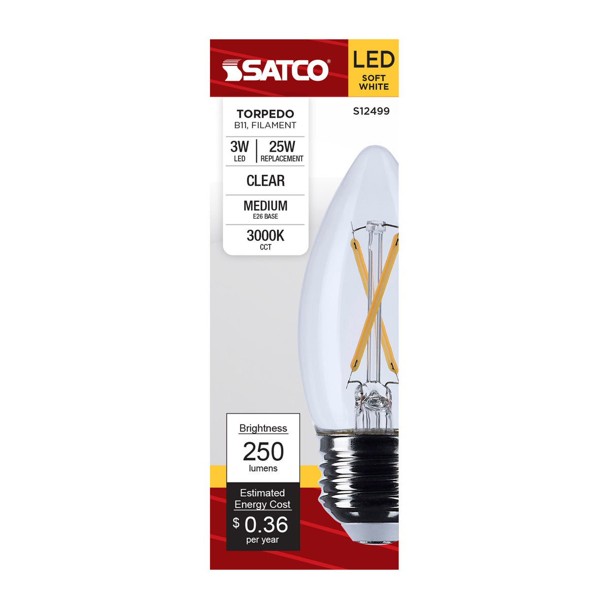 Satco S12499 3W B11 Soft White LED Light Bulb Medium Base