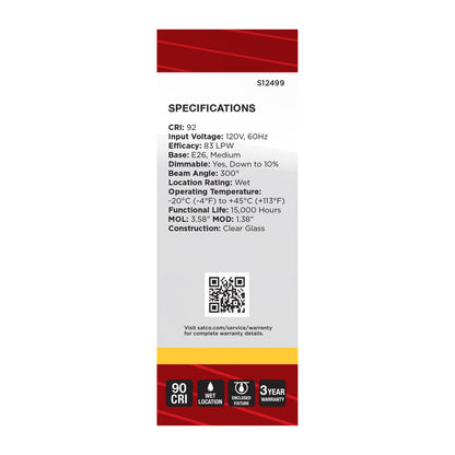 Satco S12499 3W B11 Soft White LED Light Bulb Medium Base