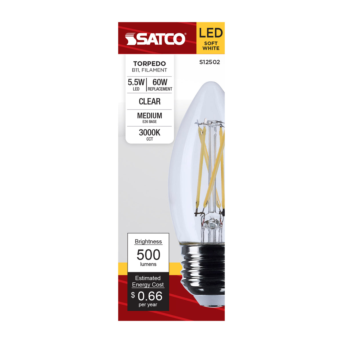Satco S12502 5.5W B11 Soft White LED Light Bulb Medium Base