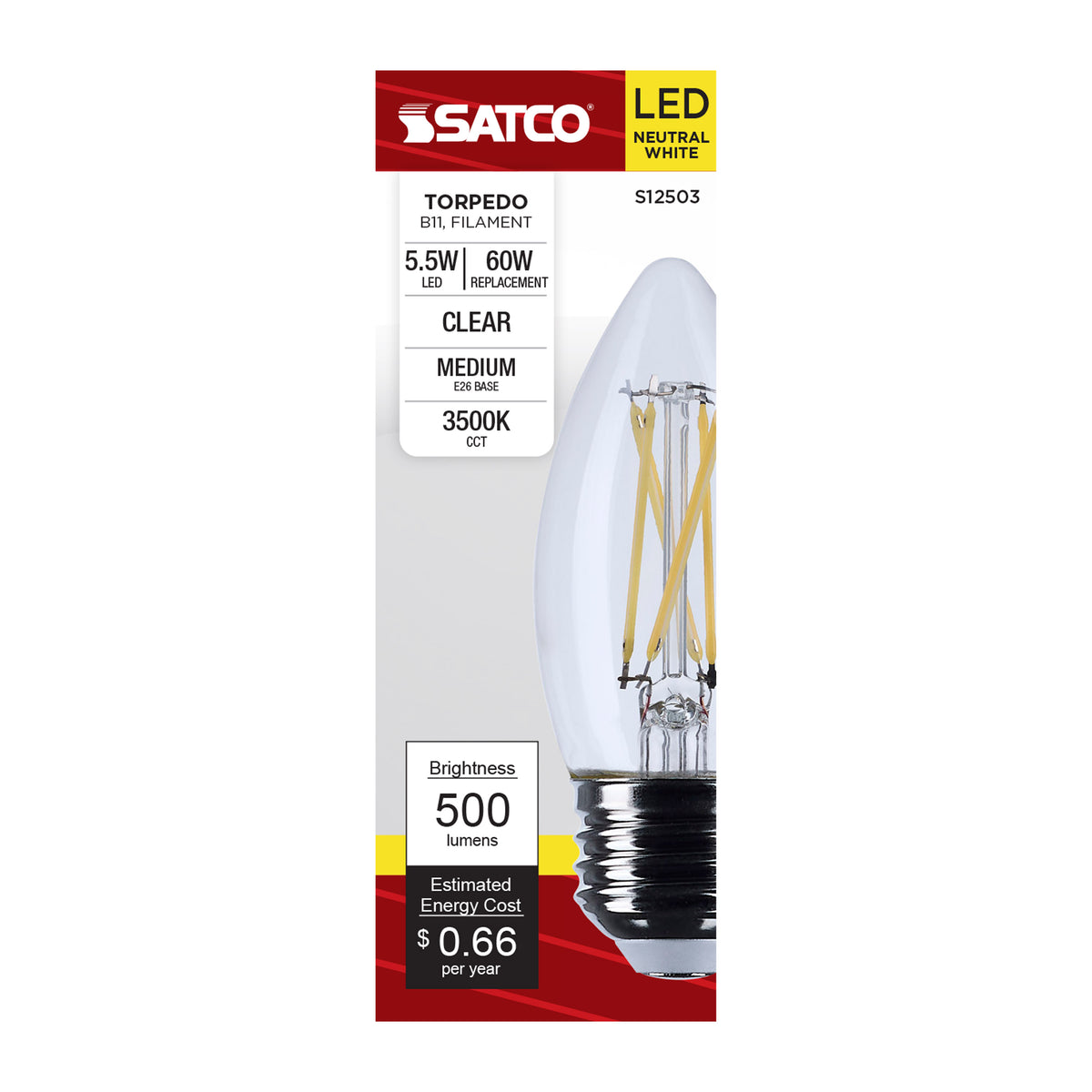 Satco S12503 5.5W B11 Neutral White LED Light Bulb Medium Base