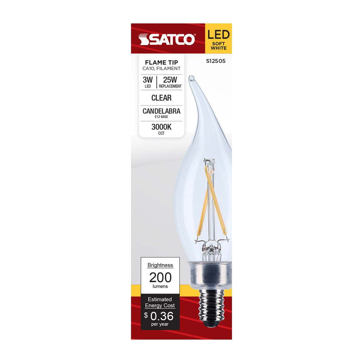 Satco S12505 3W CA10 Soft White LED Light Bulb Candelabra Base