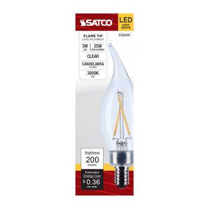 Satco S12505 3W CA10 Soft White LED Light Bulb Candelabra Base