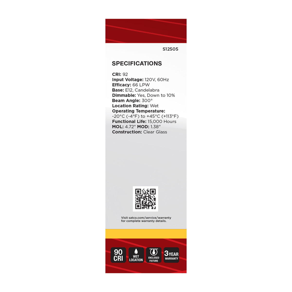 Satco S12505 3W CA10 Soft White LED Light Bulb Candelabra Base