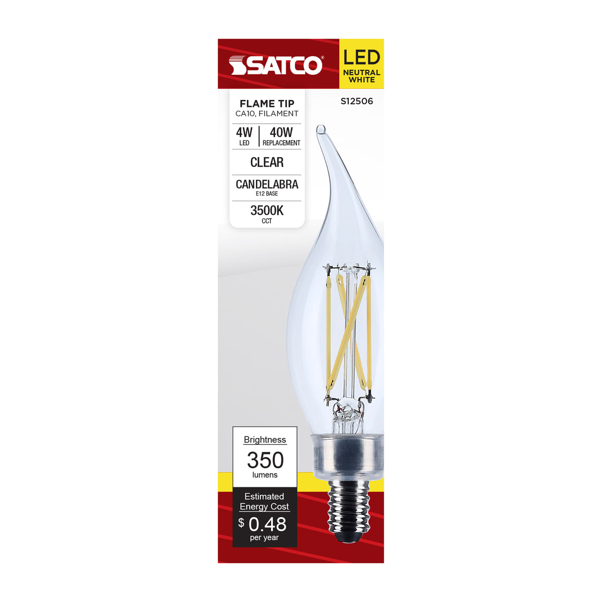 Satco S12506 4W CA10 Neutral White LED Light Bulb Candelabra Base