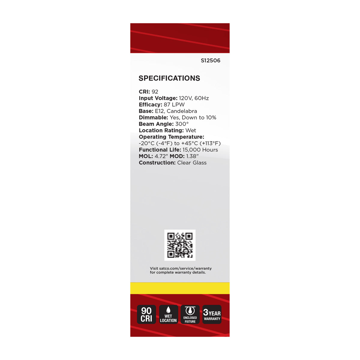 Satco S12506 4W CA10 Neutral White LED Light Bulb Candelabra Base