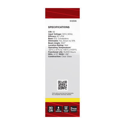 Satco S12506 4W CA10 Neutral White LED Light Bulb Candelabra Base