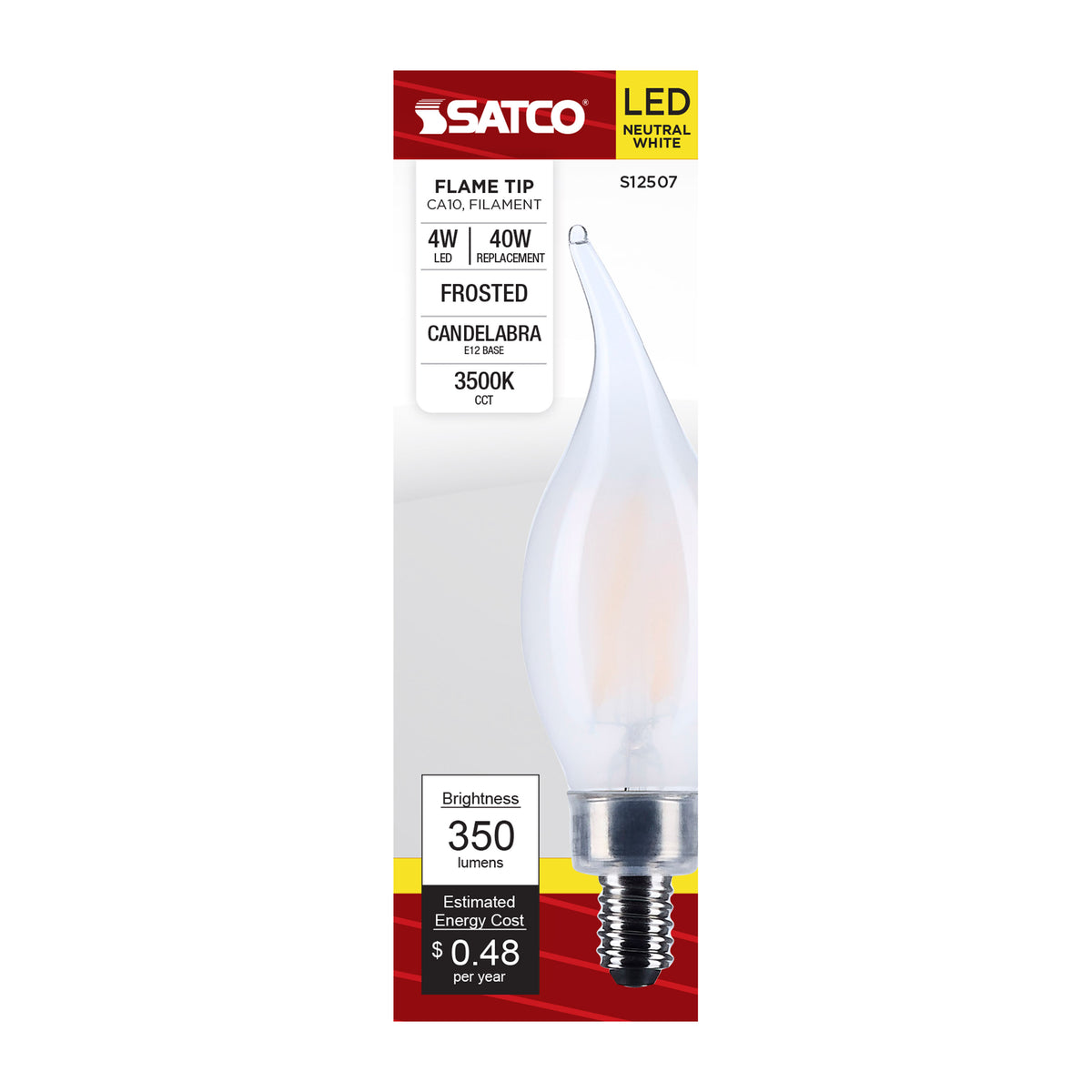 Satco S12507 4W CA10 Neutral White LED Light Bulb Candelabra Base