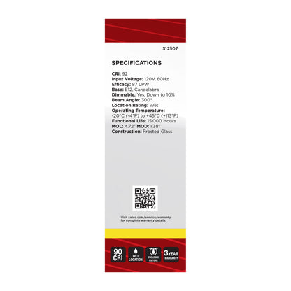 Satco S12507 4W CA10 Neutral White LED Light Bulb Candelabra Base