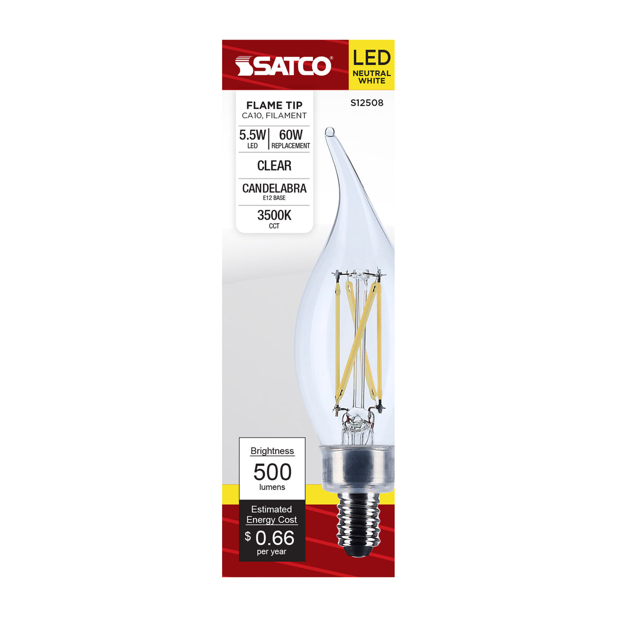 Satco S12508 5.5W CA10 Neutral White LED Light Bulb Candelabra Base