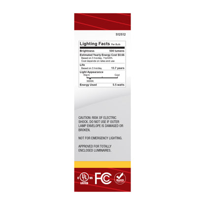 Satco S12512 5.5W CA10 Soft White LED Light Bulb Medium Base