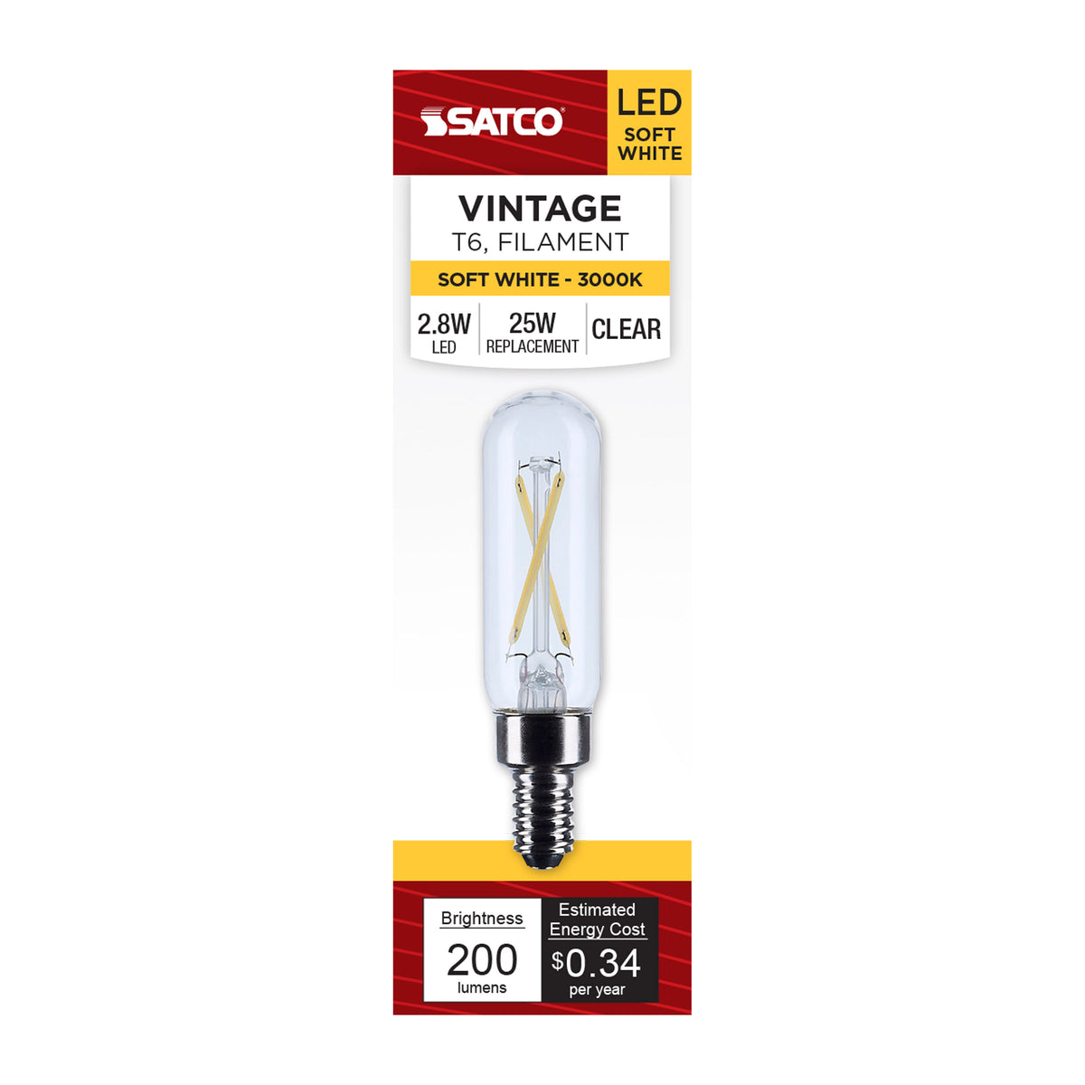 Satco S12518 2.8W T6 Soft White LED Light Bulb Candelabra Base