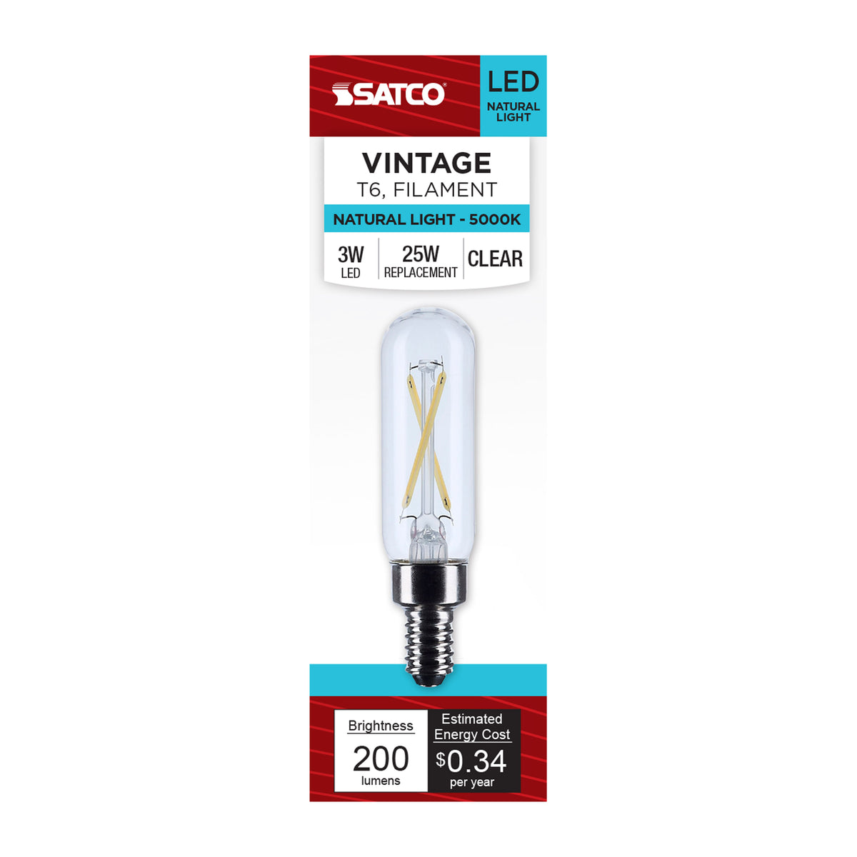 Satco S12519 2.8W T6 Natural Light LED Light Bulb Candelabra Base