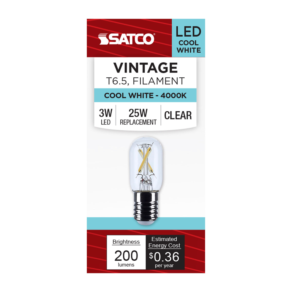 Satco S12520 3W T6.5 Cool White LED Light Bulb Intermediate Base