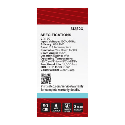 Satco S12520 3W T6.5 Cool White LED Light Bulb Intermediate Base
