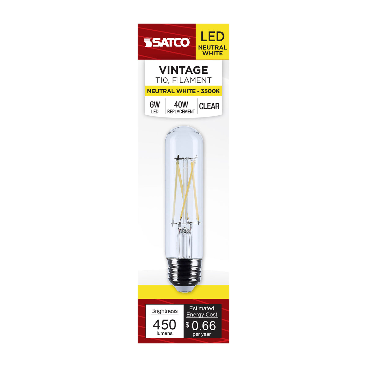 Satco S12524 5.5W T10 Neutral White LED Light Bulb Medium Base