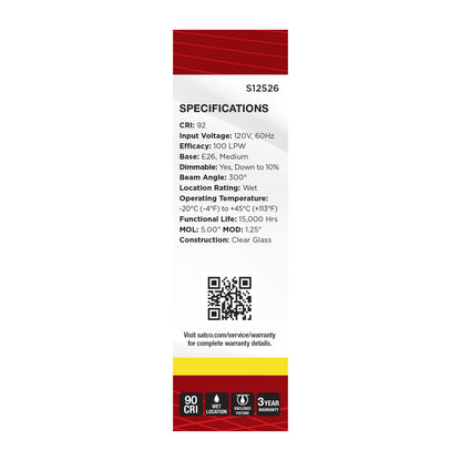 Satco S12526 8W T10 Cool White LED Light Bulb Medium Base